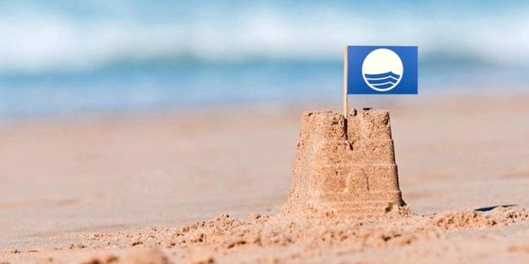 Un piccolo castello di sabbia su una spiaggia con una piccola bandiera blu con un'onda bianca e un disegno circolare. Le onde dell'oceano si confondono dolcemente sullo sfondo, mentre il castello di sabbia è messo a fuoco in primo piano.