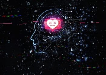 Un'illustrazione digitale del profilo di una testa umana in linee al neon su uno sfondo scuro con dati numerici sparsi. Al centro della testa c'è un'icona raffigurante un cuore con la faccia triste e gli occhi barrati, che simboleggia il disagio emotivo o mentale.