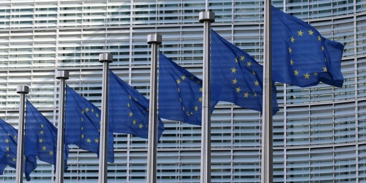 Diverse bandiere dell'Unione europea sventolano al vento, montate su pennoni di fronte a un moderno edificio con pannelli di vetro. Ogni bandiera è blu con un cerchio di stelle dorate. La struttura dietro presenta linee orizzontali e verticali, creando uno schema a griglia.