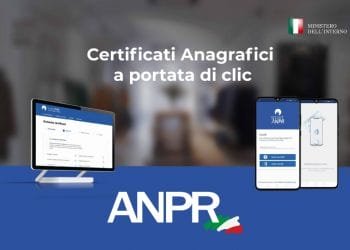 Un'immagine promozionale illustrata del sistema "ANPR" del Ministero dell'Interno italiano. È dotato di computer e smartphone su cui sono visualizzate le interfacce utente per l'accesso ai servizi di certificazione online. Il testo recita: "Certificati Anagrafici a portata di clic.