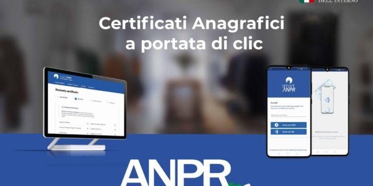 Un'immagine promozionale illustrata del sistema "ANPR" del Ministero dell'Interno italiano. È dotato di computer e smartphone su cui sono visualizzate le interfacce utente per l'accesso ai servizi di certificazione online. Il testo recita: "Certificati Anagrafici a portata di clic.