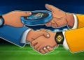 Immagine cartoon di due persone che si stringono la mano, ciascuna con orologi da polso con loghi (FC Porto e Binance). Una persona porge all'altra una moneta marchiata. La scena è ambientata sullo sfondo di uno stadio sportivo illuminato.