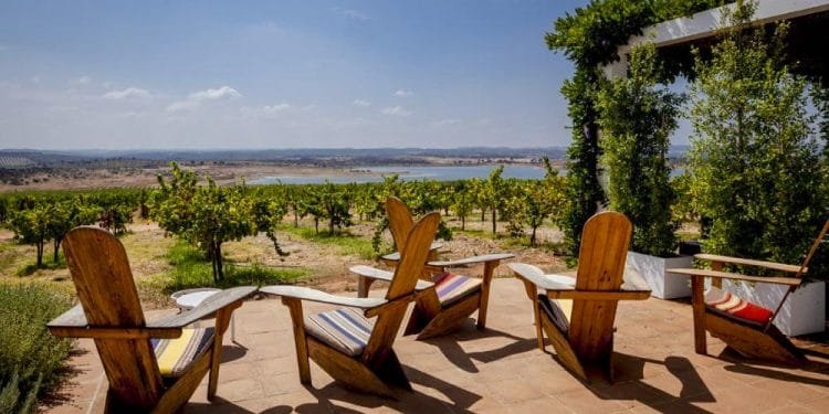 Quattro sedie a sdraio in legno con cuscini colorati sono disposte su un patio che si affaccia su un vigneto e su un paesaggio panoramico con lago e colline sullo sfondo. Il patio è parzialmente ombreggiato da un pergolato ricoperto di verdi viti sotto un cielo azzurro e limpido, perfetto per chi esplora l'Alentejo da visitare.