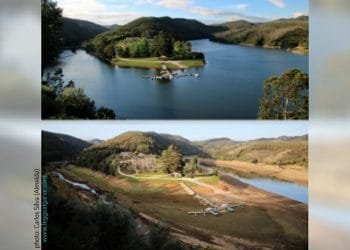 Due foto di una località lacustre in una regione montuosa. L'immagine in alto mostra un generoso lago circondato da una vegetazione lussureggiante. L'immagine in basso, scattata dallo stesso punto di vista, raffigura l'area colpita dalla siccità, con i livelli dell'acqua notevolmente abbassati e il terreno esposto.