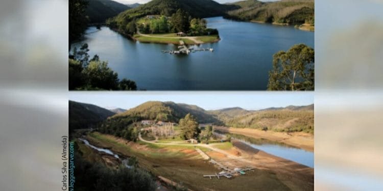 Due foto di una località lacustre in una regione montuosa. L'immagine in alto mostra un generoso lago circondato da una vegetazione lussureggiante. L'immagine in basso, scattata dallo stesso punto di vista, raffigura l'area colpita dalla siccità, con i livelli dell'acqua notevolmente abbassati e il terreno esposto.