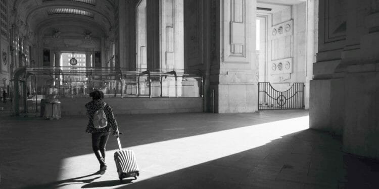 Una persona che indossa uno zaino trascina una valigia attraverso una grande stazione ferroviaria illuminata dal sole con grandi caratteristiche architettoniche e alti soffitti ad arco. La luce proietta lunghe ombre sul pavimento, evidenziando l'ampio spazio: una toccante scena di emigrazione.