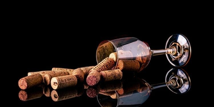 Un bicchiere di vino giace su un lato con i tappi di vino che fuoriescono su una superficie nera riflettente. I tappi sono disposti in modo casuale, alcuni all'interno del bicchiere, altri all'esterno, creando un contrasto intrigante. La scena invita alla contemplazione sul *prezzo vino* e sul viaggio dalla bottiglia alla tavola.