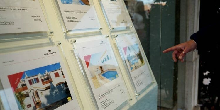 Una persona indica gli annunci immobiliari visualizzati in una finestra di vetro. Gli annunci presentano immagini di varie case e descrizioni dettagliate, comprese informazioni sul valore case portogallo. L'ambientazione sembra essere all'esterno, con il riflesso degli alberi nel vetro.