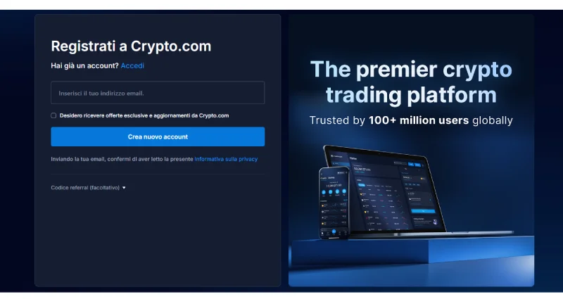 Banner ads di crypto.com la piattaforma di trading che garantisce benefici fiscali in Europa.