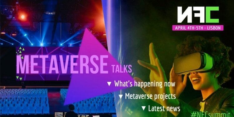 Partecipa al summit NFC che si terrà a Lisbona il 4 e 5 aprile. L'immagine dell'evento mostra un palco vivace con luci viola, METAVERSE in caratteri grandi e una persona che indossa occhiali VR. Gli argomenti includono le tendenze attuali, i progetti Metaverse, le ultime notizie e approfondimenti su Crypto Portogallo. #Vertice NFC