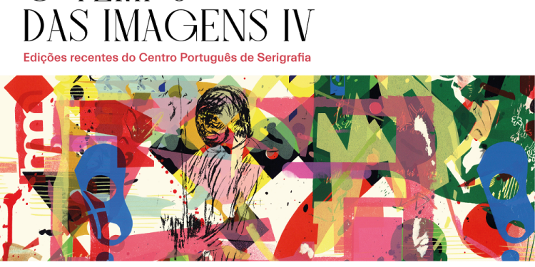 Manifesto promozionale per la mostra "O Tempo das Imagens IV." Il design presenta immagini astratte colorate. Questa mostra a Lisbona si terrà il 14 febbraio alle 17, ospitata dalla Biblioteca Nacional de Portugal in collaborazione con il Centro Português de Serigrafia.