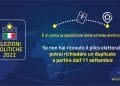 Immagine con un annuncio relativo alle elezioni italiane. Il testo recita "ELEZIONI POLITICHE 2022" e include una notifica sull'invio delle schede elettorali. Se una persona non ha ricevuto la propria scheda elettorale, può richiederne un duplicato a partire dall'11 settembre.