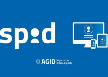 Una grafica blu con il logo SPID sulla sinistra, caratterizzata da lettere bianche minuscole che formano un disegno simile a una chiave. A destra, icone di computer, tablet e smartphone che visualizzano i profili utente tramite SPID. Sotto, logo e testo di AGID - Agenzia per l'Italia Digitale.