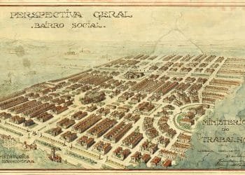 Veduta dall'alto illustrata di una comunità pianificata intitolata "Perspectiva Geral Bairro Social", che mostra strade, isolati residenziali, edifici pubblici e spazi verdi. L'immagine è etichettata "Ministério do Trabalho" e "Construções Económicas", con dettagli in portoghese per l'Esposizione Lisbona.
