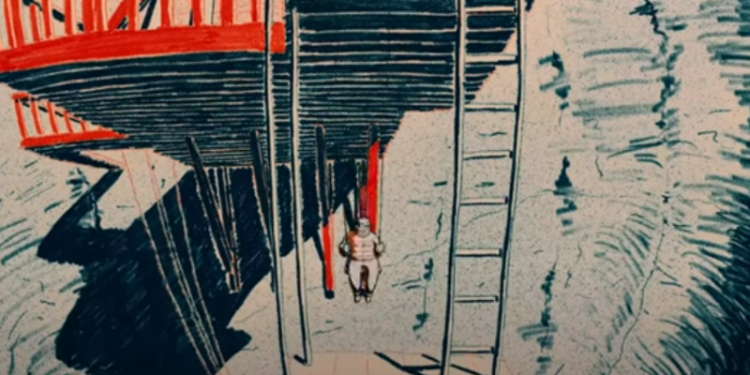 Un disegno simile a uno schizzo raffigura una persona, forse un bambino, che dondola sotto una struttura di legno sostenuta da quattro pali. Lo sfondo presenta forme e colori astratti con un mix di blu e rossi che raffigurano una scogliera o una parete rocciosa che ricorda i terreni ghiacciati frequentati dai Mercanti di ghiaccio. Una scala è appoggiata lì vicino.