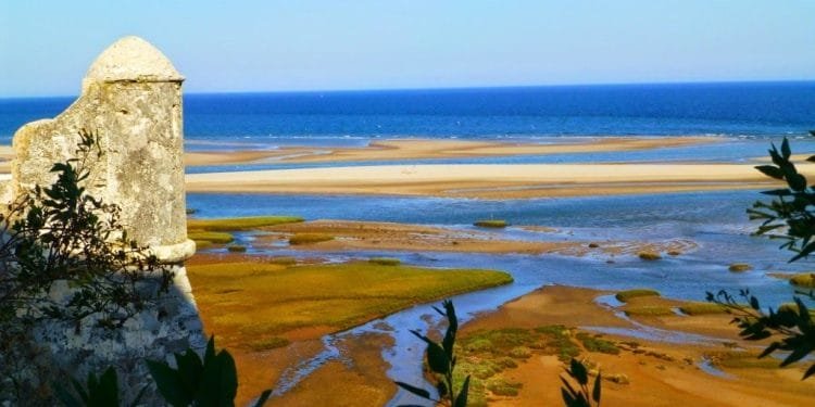Una vista panoramica della costa con una storica torre di avvistamento in pietra sulla sinistra, che si affaccia su una spiaggia sabbiosa e un mare blu. Il primo piano presenta una vegetazione lussureggiante e zone umide, mentre l'orizzonte mostra un cielo azzurro e limpido che incontra l'oceano: una scena idilliaca che ti invita a visitare l'Algarve Cacela Velha.