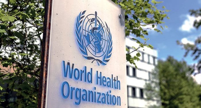 Un cartello con la scritta "Organizzazione Mondiale della Sanità" accanto all'emblema dell'OMS, raffigurante un bastone con un serpente e una mappa del mondo, è montato all'aperto con un edificio per uffici sfocato e alberi sullo sfondo, evidenziando gli sforzi dell'OMS contro la febbre dengue in Portogallo.