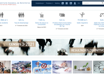 Screenshot della home page dell'Instituto Nacional de Estatística (Statistica Portogallo). La pagina mostra vari dati statistici, come il numero della popolazione, il tasso di disoccupazione, il PIL e lo stipendio medio mensile Portogallo. Sono inoltre visibili un banner per il censimento 2021 e diverse icone e immagini.