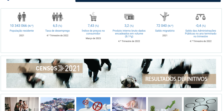 Screenshot della home page dell'Instituto Nacional de Estatística (Statistica Portogallo). La pagina mostra vari dati statistici, come il numero della popolazione, il tasso di disoccupazione, il PIL e lo stipendio medio mensile Portogallo. Sono inoltre visibili un banner per il censimento 2021 e diverse icone e immagini.