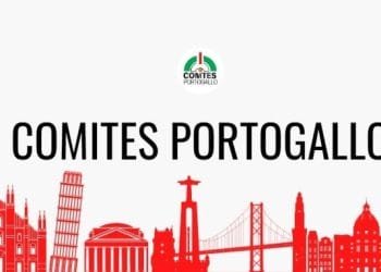 L'immagine presenta la scritta COMITES PORTOGALLO al centro delle notizie, con sopra il logo del COMITES Portogallo. Sotto, ci sono illustrazioni in rosso di monumenti iconici di varie città come la Torre Pendente di Pisa e la statua del Cristo Redentore.