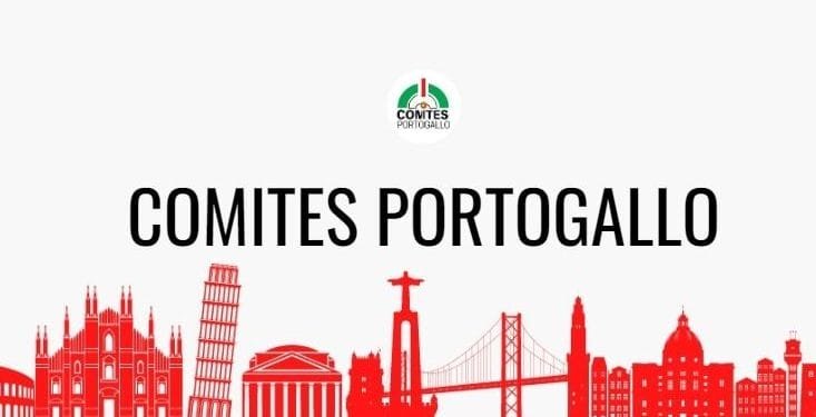 L'immagine presenta la scritta COMITES PORTOGALLO al centro delle notizie, con sopra il logo del COMITES Portogallo. Sotto, ci sono illustrazioni in rosso di monumenti iconici di varie città come la Torre Pendente di Pisa e la statua del Cristo Redentore.
