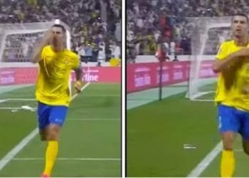 Un calciatore in maglia gialla festeggia mandando un bacio e poi battendosi il petto davanti a una folla esultante. La scena, che ricorda lo stile energico di Cristiano Ronaldo, è mostrata da due angolazioni, evidenziando l'esultanza espressiva del giocatore in campo.