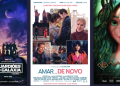 Un collage di tre locandine cinematografiche. A sinistra, "Guardiões da Galaxia Vol 3" mostra personaggi nello spazio. Il poster centrale, "Amar... de Novo", presenta una coppia e scene romantiche. Il poster a destra, "Máviça: A Alma Da Floresta", raffigura un personaggio animato con i capelli verdi. È come un cinema festa in Portogallo!