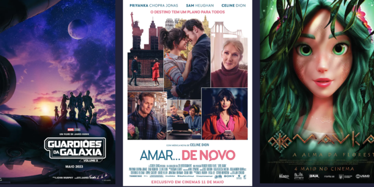 Un collage di tre locandine cinematografiche. A sinistra, "Guardiões da Galaxia Vol 3" mostra personaggi nello spazio. Il poster centrale, "Amar... de Novo", presenta una coppia e scene romantiche. Il poster a destra, "Máviça: A Alma Da Floresta", raffigura un personaggio animato con i capelli verdi. È come un cinema festa in Portogallo!