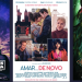 Un collage di tre locandine cinematografiche. A sinistra, "Guardiões da Galaxia Vol 3" mostra personaggi nello spazio. Il poster centrale, "Amar... de Novo", presenta una coppia e scene romantiche. Il poster a destra, "Máviça: A Alma Da Floresta", raffigura un personaggio animato con i capelli verdi. È come un cinema festa in Portogallo!