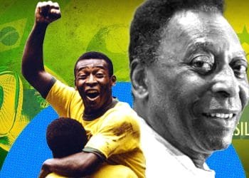 Un vibrante collage presenta due immagini di un uomo gioioso, presumibilmente il leggendario Pelé. La sinistra lo mostra mentre festeggia una vittoria in maglia gialla. A destra è un primo piano del suo iconico sorriso. Lo sfondo include la bandiera brasiliana e una grafica legata al calcio, che cattura lo spirito immortale di Pelé attraverso la lingua portoghese.