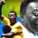 Un vibrante collage presenta due immagini di un uomo gioioso, presumibilmente il leggendario Pelé. La sinistra lo mostra mentre festeggia una vittoria in maglia gialla. A destra è un primo piano del suo iconico sorriso. Lo sfondo include la bandiera brasiliana e una grafica legata al calcio, che cattura lo spirito immortale di Pelé attraverso la lingua portoghese.