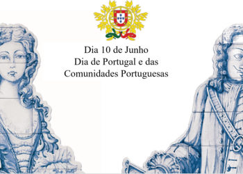 Un'illustrazione presenta due figure storiche in blu e bianco, in piedi su entrambi i lati dello stemma del Portogallo. Sopra lo stemma, il testo recita "Dia 10 de Junho" e sotto "Dia de Portugal e delle Comunità Portoghesi", celebrando il Portogallo e Camões.