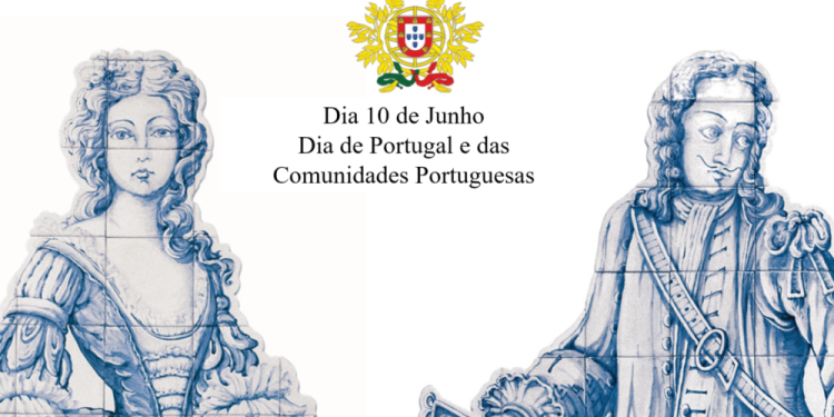 Un'illustrazione presenta due figure storiche in blu e bianco, in piedi su entrambi i lati dello stemma del Portogallo. Sopra lo stemma, il testo recita "Dia 10 de Junho" e sotto "Dia de Portugal e delle Comunità Portoghesi", celebrando il Portogallo e Camões.