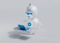Un robot con rendering 3D con corpo bianco, faccia blu e antenna utilizza un laptop blu su una superficie grigio chiaro. Indossando un distintivo con la scritta "Intelligenza Artificiale", appare focalizzato sullo schermo.