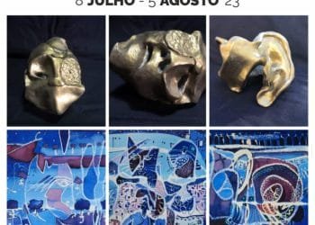 Manifesto per la mostra d'arte contemporanea di Manuela Quintavalle & Arimo Cangini dall'8 luglio al 5 agosto 2023. Include immagini di sculture e dipinti astratti. Evento presso Torre do Relógio, Pedrogão do Alentejo. Aperto 9:30-12:30 e 20:00-22:00. Entrata gratis