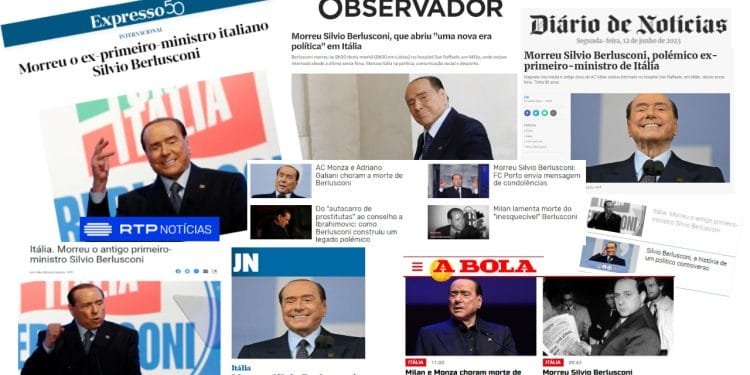Un collage di varie prime pagine di giornali e media con titoli e immagini sulla morte dell'ex primo ministro italiano Silvio Berlusconi. Il layout include loghi di pubblicazioni come "Expresso", "Observador", "Diário de Notícias", "RT P Notícias" e "A Bola tutti giornali del Portogallo