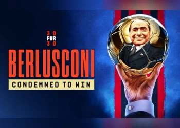 La locandina del Docu-Film "Berlusconi: Condemned to Win," che racconta la storia di Silvio Berlusconi e dei suoi successi con il pallone d'oro al Milan.