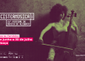 Un poster promozionale per "Cistermúsica 2023 - 31° Festival de Música de Alcobaça" raffigurante una persona che suona un violoncello. Il tema dell'evento è "Música no Feminino", in programma dal 30 giugno al 30 luglio ad Alcobaça. Vari loghi degli sponsor sono visualizzati nella parte inferiore del poster musicale del Cistermúsica Festival.