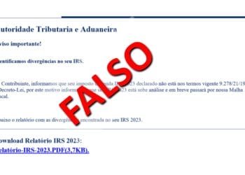 Un'e-mail fraudolenta proveniente da "Autoridade Tributaria e Aduaneira" con un timbro rosso "FALSO" sul testo denuncia discrepanze nella dichiarazione IRS 2023. Intitolato "Avviso frode fiscale IRS", chiede all'utente di scaricare un rapporto fasullo.