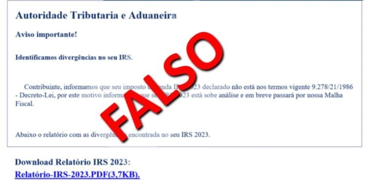 Un'e-mail fraudolenta proveniente da "Autoridade Tributaria e Aduaneira" con un timbro rosso "FALSO" sul testo denuncia discrepanze nella dichiarazione IRS 2023. Intitolato "Avviso frode fiscale IRS", chiede all'utente di scaricare un rapporto fasullo.