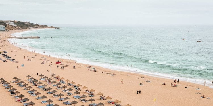 Un'ampia spiaggia sabbiosa del Caro Estate Algarve presenta file di sedie a sdraio e ombrelloni vicino alla riva. Le persone sono sparse sulla spiaggia, alcuni nuotano nel mare. Il cielo è coperto e sullo sfondo sono visibili alcuni edifici mentre le onde si infrangono dolcemente sulla riva.