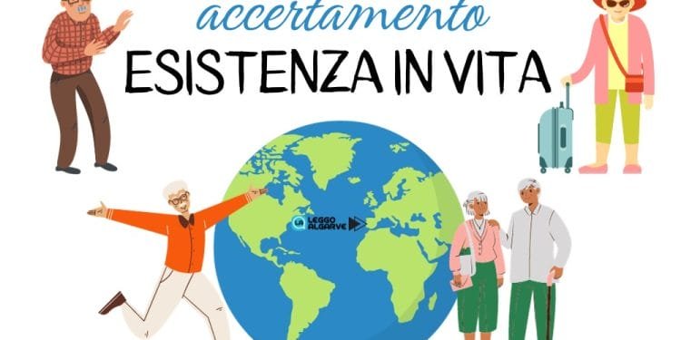 Illustrazione di un mappamondo animato circondato da cinque persone anziane, vestite con vari abiti casual, con il testo sopra che dice "Certificazione ESISTENZA IN VITA Portogallo". Una persona è in posa allegramente, un'altra tira una valigia e tre stanno insieme a destra del globo.