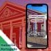 Smartphone che mostra i risultati della ricerca per "Italiani in Portogallo" sullo sfondo di un grande edificio rosso decorato con colonne bianche. Sullo schermo sono presenti due loghi, "AIReP" e "SPG", che evidenziano Serving People Group. Il testo nell'angolo in basso a sinistra recita "Italiani in Portogallo" su uno striscione verde e blu.