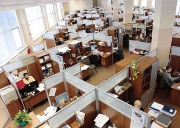 Uno spazio ufficio pieno di file di cubicoli, ciascuno occupato da dipendenti che lavorano alla propria scrivania. I cubicoli sono dotati di computer, forniture per ufficio e decorazioni. Nonostante la forte illuminazione proveniente dalle grandi finestre lungo un lato della stanza, le conversazioni spesso ruotano attorno allo stipendio Portogallo bassi.