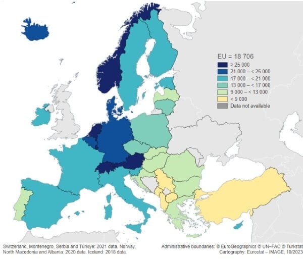 Una mappa dell’Europa codificata a colori mostra il prodotto interno lordo (PIL) pro capite per paese. Il blu scuro rappresenta il PIL più alto (oltre 25.000), mentre il giallo chiaro rappresenta il più basso (sotto i 9.000). Il PIL medio pro capite dell'UE è pari a 18.706. Gli anni dei dati variano in base al paese; progetto Portogallo bassi.