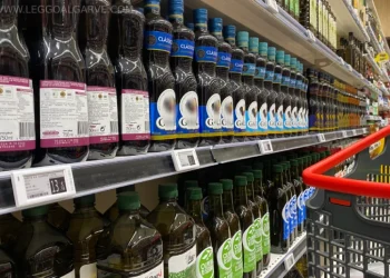 La corsia di un supermercato con file di bottiglie di olio d'oliva sugli scaffali. Le bottiglie variano per marca e colore dell'etichetta, inclusi verde, blu e viola. Un carrello rosso è parzialmente visibile sul lato destro dell'immagine. Le etichette dei prezzi (prezzo) sono visibili sotto le bottiglie, ricordando un tipico mercato portoghese (Portogallo).