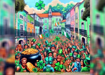 Un vivace murale raffigura una festosa celebrazione del giorno di San Patrizio in una città colorata. Folle di persone in abiti verdi e cappelli da folletto sorridono e salutano. I quadrifogli e una pentola di monete d'oro evidenziano la scena. Gli edifici sullo sfondo aggiungono profondità e fascino all'opera d'arte della Festa San Patrizio.