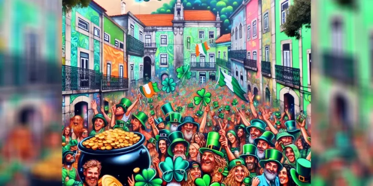 Un vivace murale raffigura una festosa celebrazione del giorno di San Patrizio in una città colorata. Folle di persone in abiti verdi e cappelli da folletto sorridono e salutano. I quadrifogli e una pentola di monete d'oro evidenziano la scena. Gli edifici sullo sfondo aggiungono profondità e fascino all'opera d'arte della Festa San Patrizio.