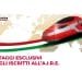Immagine promozionale del treno ad alta velocità Frecciarossa con combinazione di colori rosso, bianco e verde. Lo sfondo presenta una mappa del mondo. Il testo recita "Vantaggi esclusivi per gli iscritti all'A.I.R.E." che si traduce in “Vantaggi esclusivi per i soci A.I.R.E.”, evidenziando la partnership di Trenitalia convenzione AIRE.