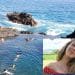 Nel riquadro in basso a destra c'è la foto di Margherita Salvucci la ragazza italiana morta a Madeira. Sullo sfondo le piscine naturali di Seixal a Madeira con persone che nuotano in una piscina oceanica naturale circondata da scogliere rocciose con onde che si infrangono sullo sfondo.